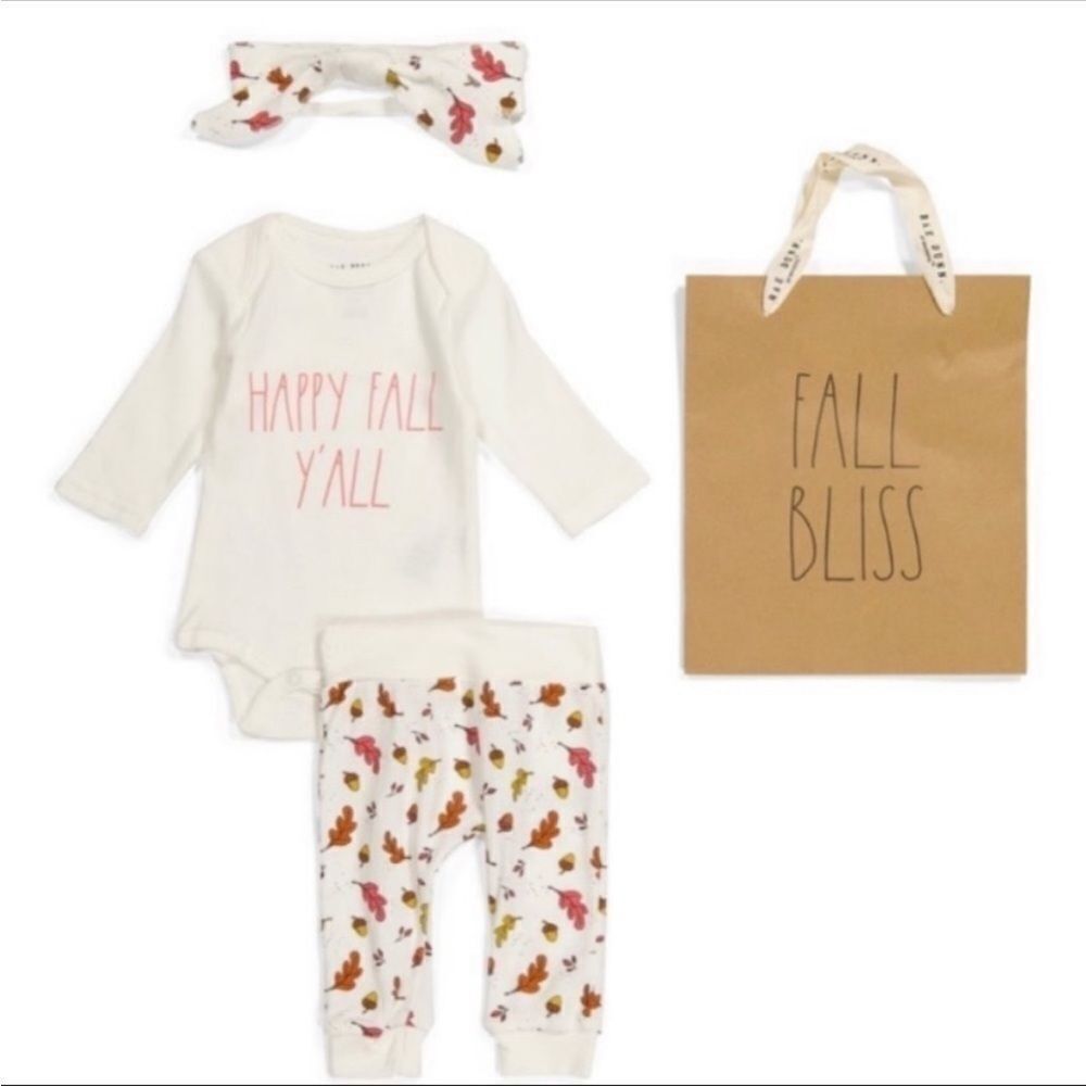 Rae Dunn Baby “Happy Fall Y’all” 3-Piece Outfit Set Pants, Headband & Gift Bag